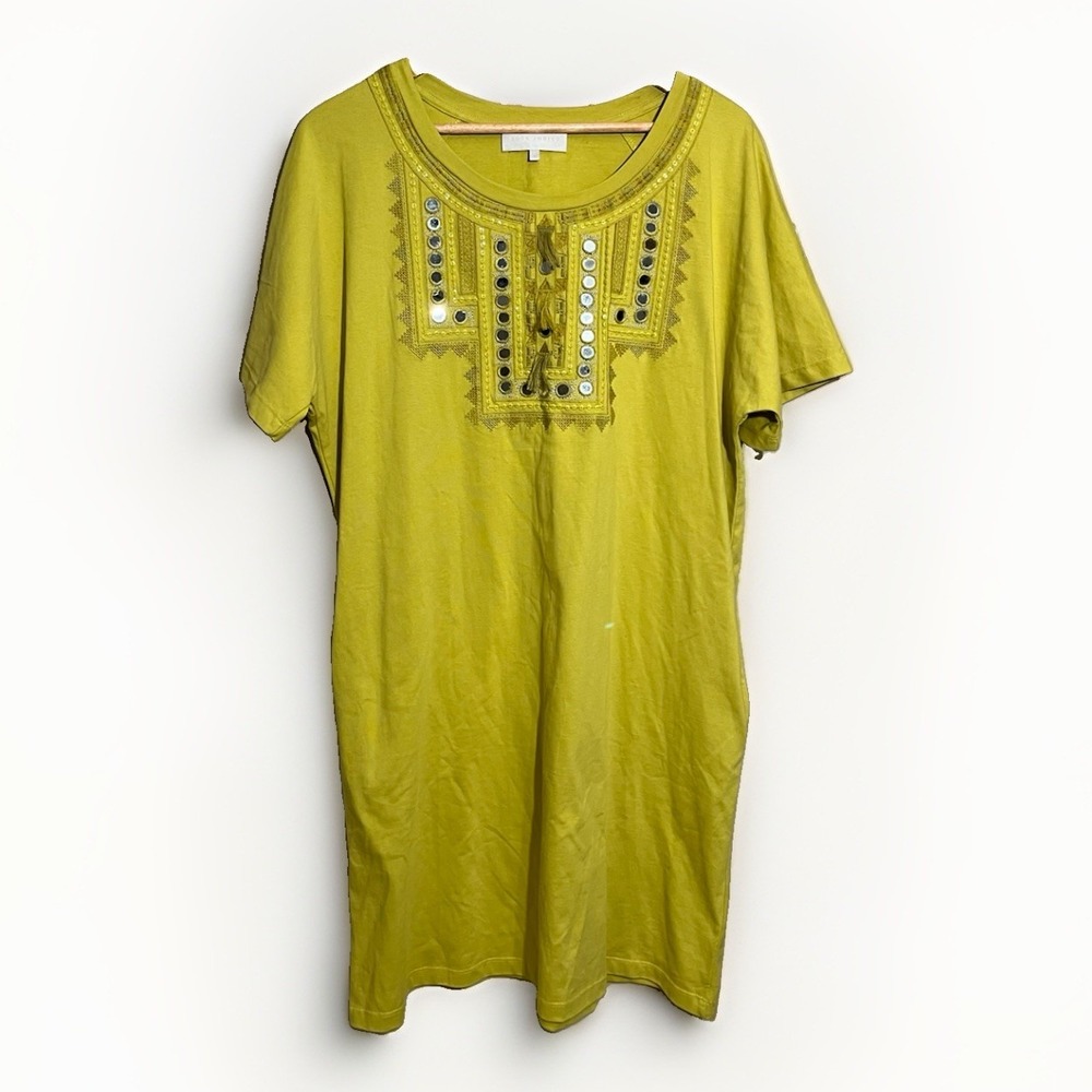 Souk Indigo Virginia Dress Large Short Sleeve Shirt Pockets Embroidered Green